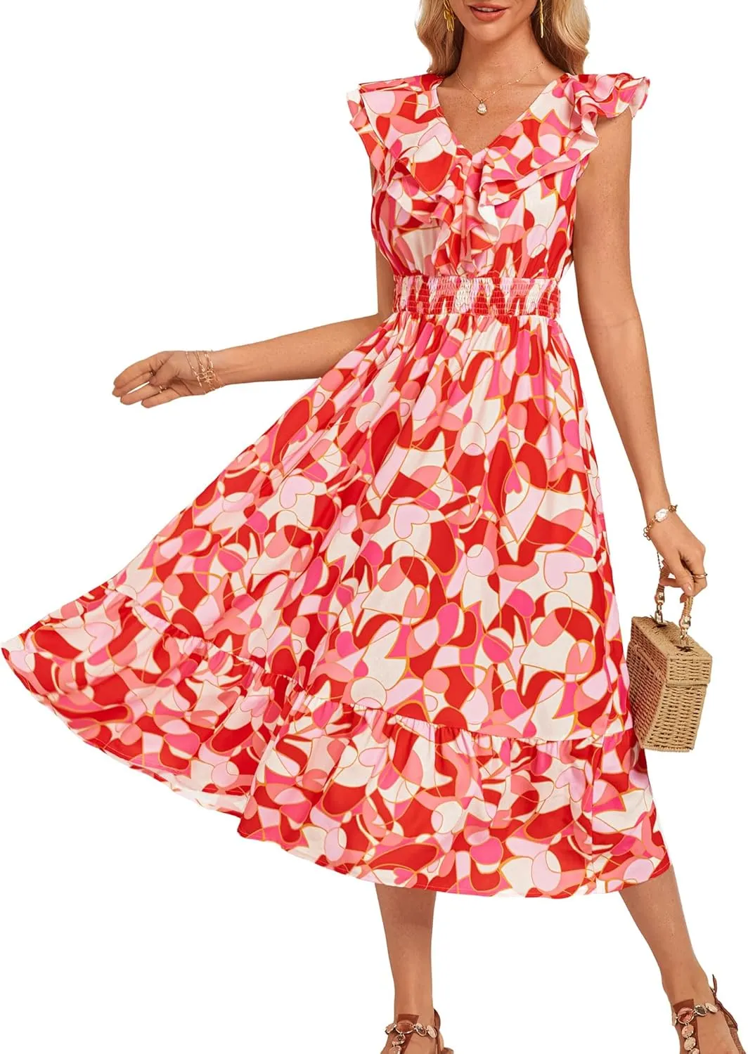 GRACE KARIN Women's Summer Dress Casual Boho Beach V Neck Smocked Waist Front Ruffle Floral Maxi Dresses with Pockets