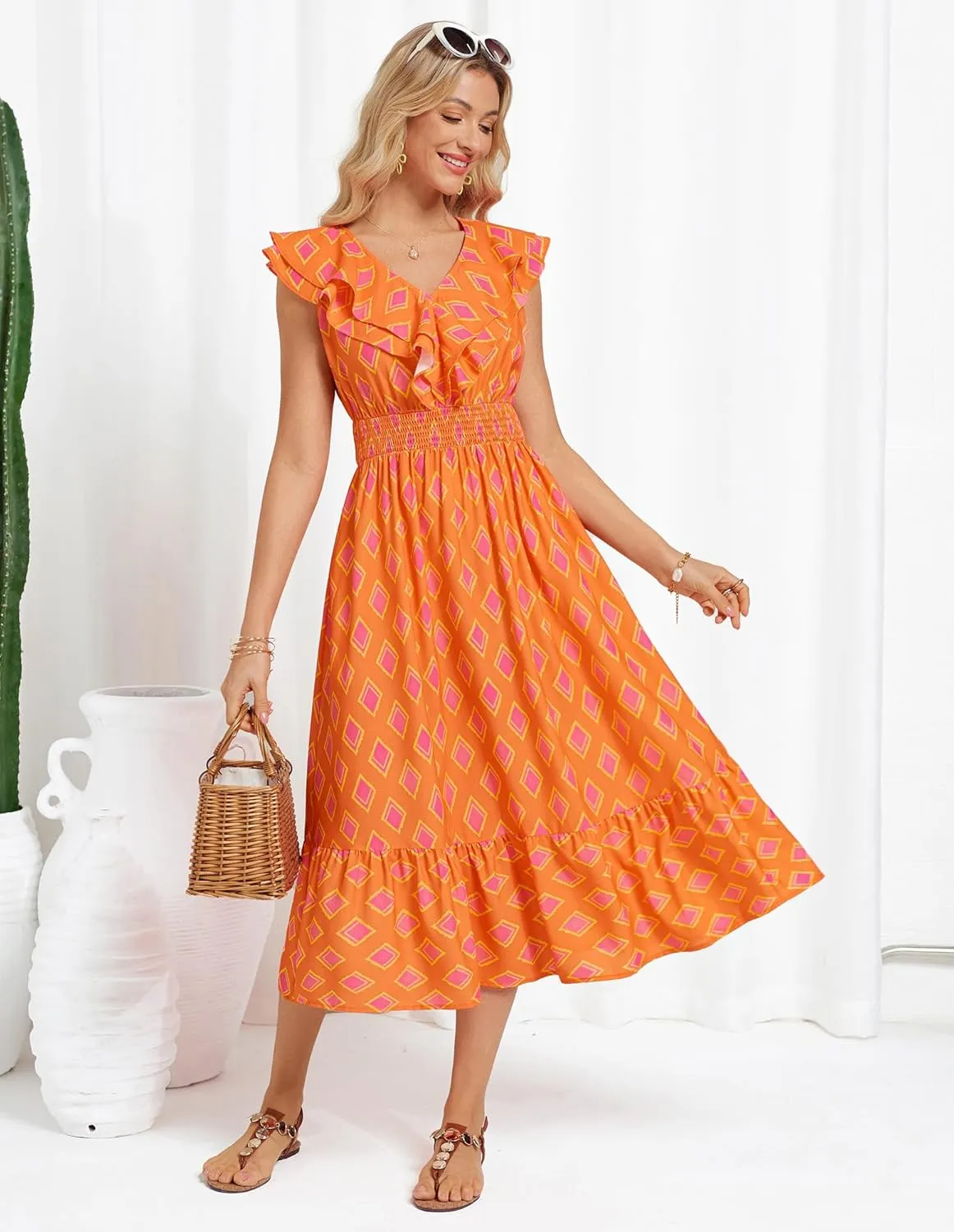 GRACE KARIN Women's Summer Dress Casual Boho Beach V Neck Smocked Waist Front Ruffle Floral Maxi Dresses with Pockets