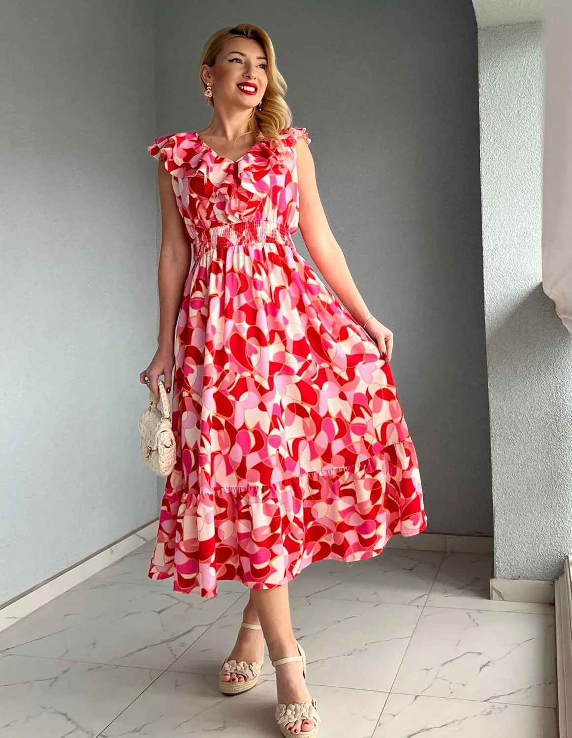 GRACE KARIN Women's Summer Dress Casual Boho Beach V Neck Smocked Waist Front Ruffle Floral Maxi Dresses with Pockets