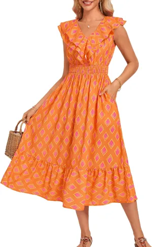 GRACE KARIN Women's Summer Dress Casual Boho Beach V Neck Smocked Waist Front Ruffle Floral Maxi Dresses with Pockets