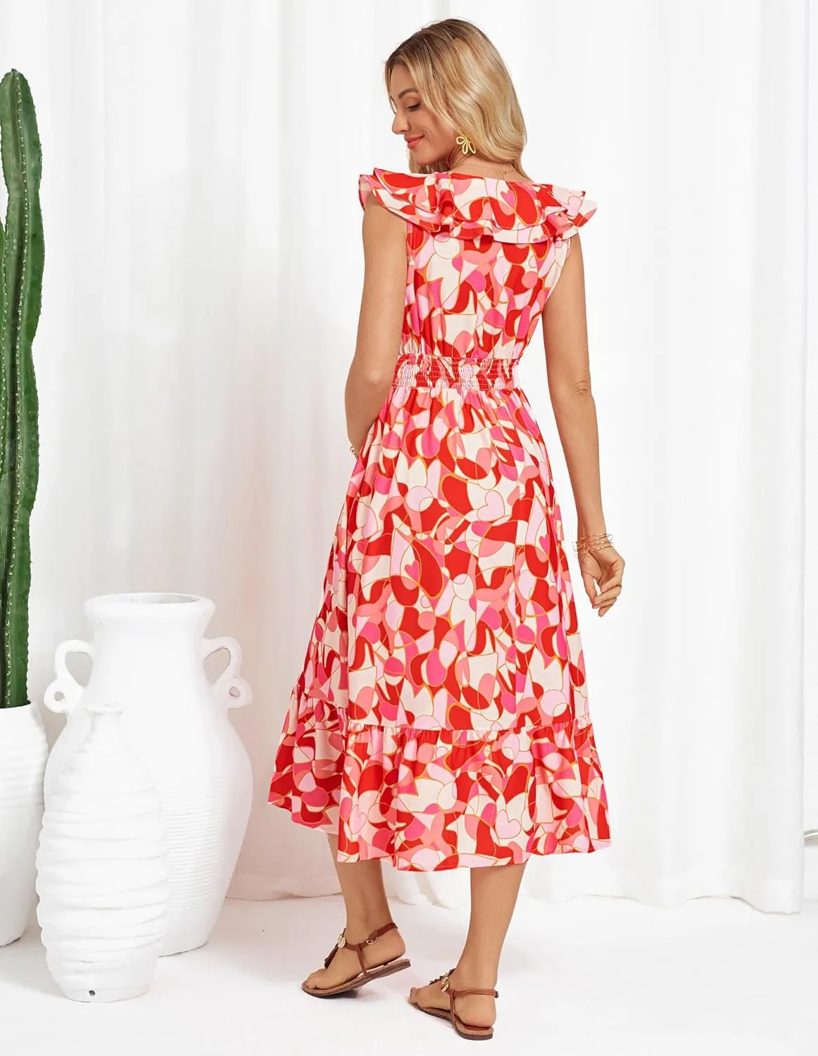 GRACE KARIN Women's Summer Dress Casual Boho Beach V Neck Smocked Waist Front Ruffle Floral Maxi Dresses with Pockets