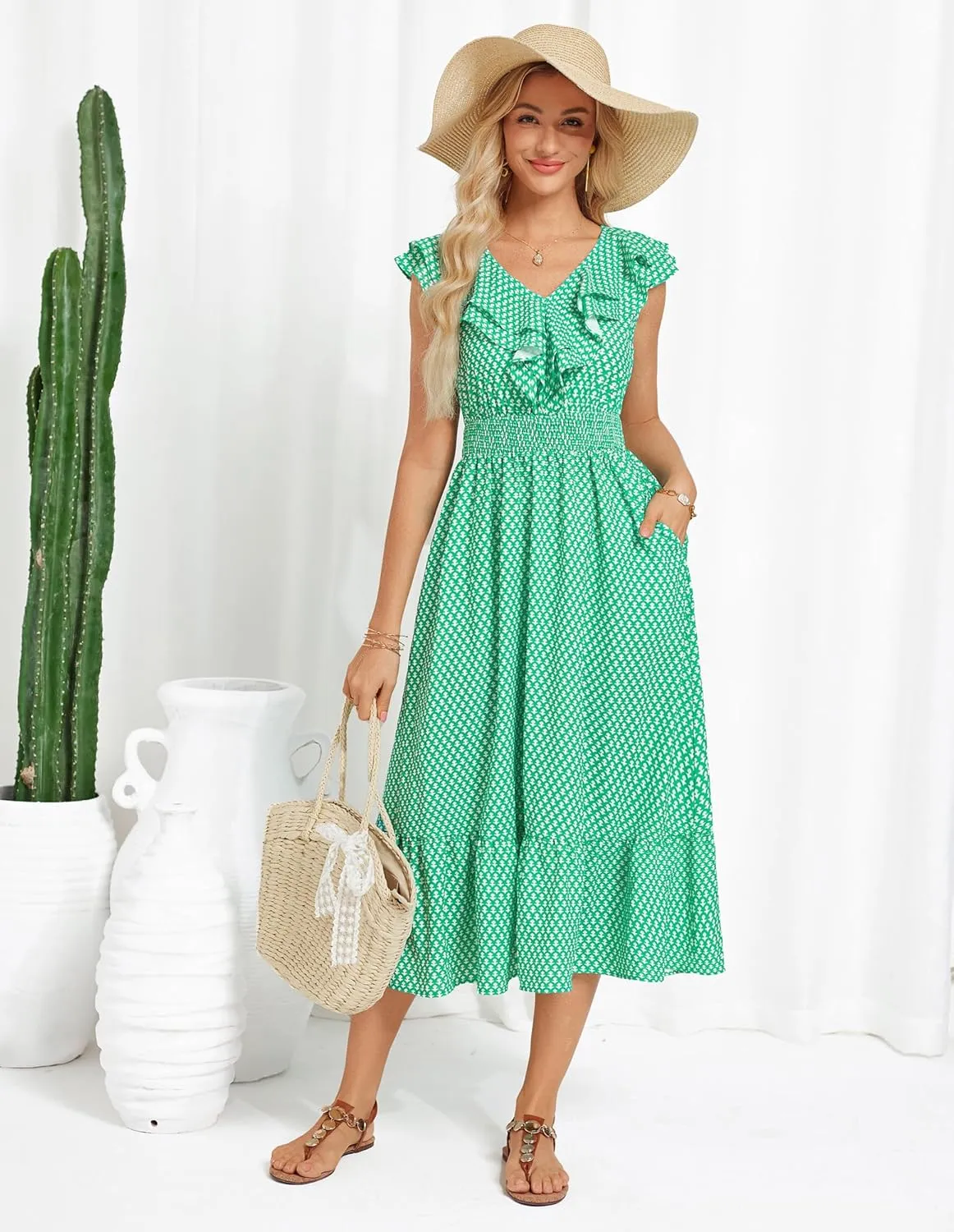 GRACE KARIN Women's Summer Dress Casual Boho Beach V Neck Smocked Waist Front Ruffle Floral Maxi Dresses with Pockets