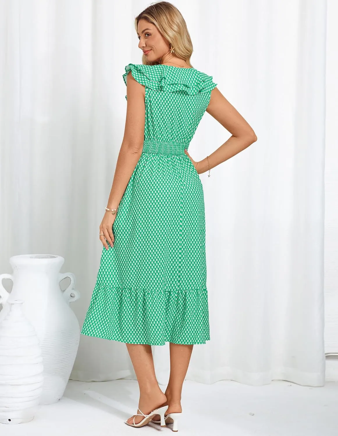 GRACE KARIN Women's Summer Dress Casual Boho Beach V Neck Smocked Waist Front Ruffle Floral Maxi Dresses with Pockets