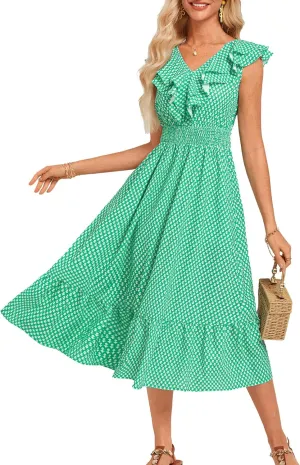 GRACE KARIN Women's Summer Dress Casual Boho Beach V Neck Smocked Waist Front Ruffle Floral Maxi Dresses with Pockets