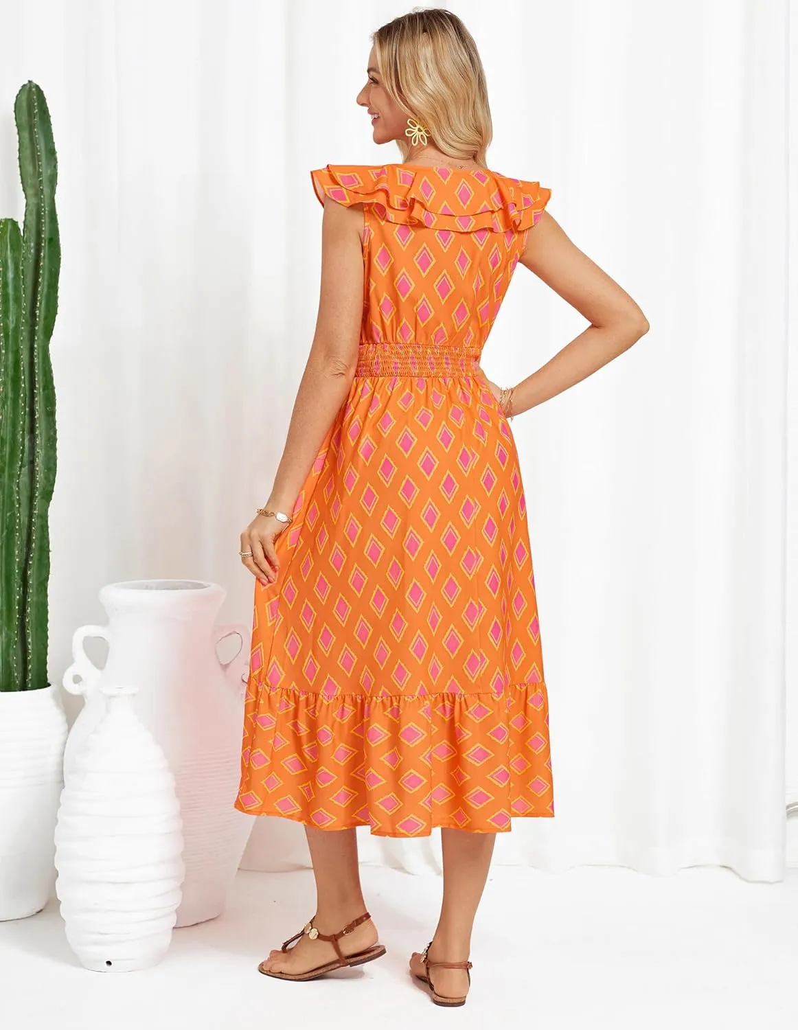 GRACE KARIN Women's Summer Dress Casual Boho Beach V Neck Smocked Waist Front Ruffle Floral Maxi Dresses with Pockets