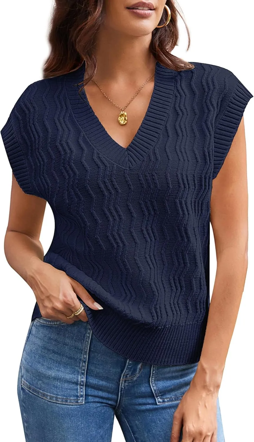 GRACE KARIN Womens V Neck Sweater Vest Ribbed Knit Casual Cap Sleeve Loose Fit Pullover Tops Fall Clothes 2024