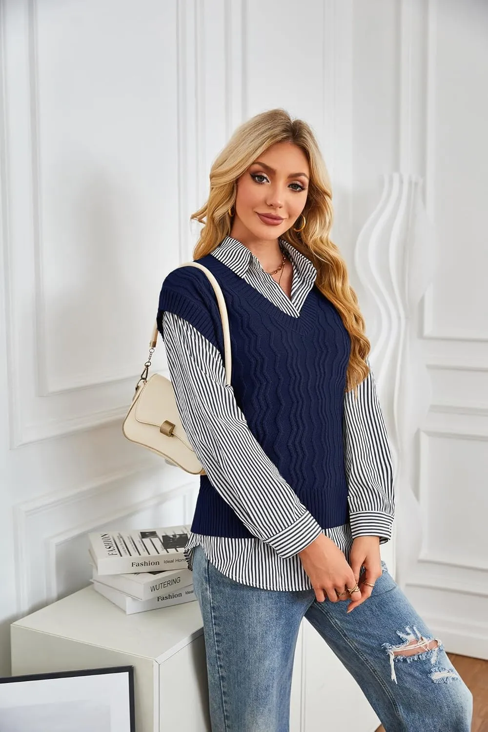 GRACE KARIN Womens V Neck Sweater Vest Ribbed Knit Casual Cap Sleeve Loose Fit Pullover Tops Fall Clothes 2024