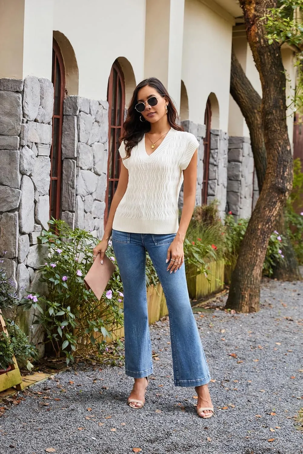 GRACE KARIN Womens V Neck Sweater Vest Ribbed Knit Casual Cap Sleeve Loose Fit Pullover Tops Fall Clothes 2024