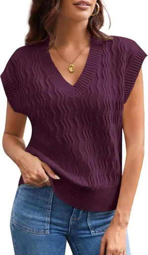 GRACE KARIN Womens V Neck Sweater Vest Ribbed Knit Casual Cap Sleeve Loose Fit Pullover Tops Fall Clothes 2024