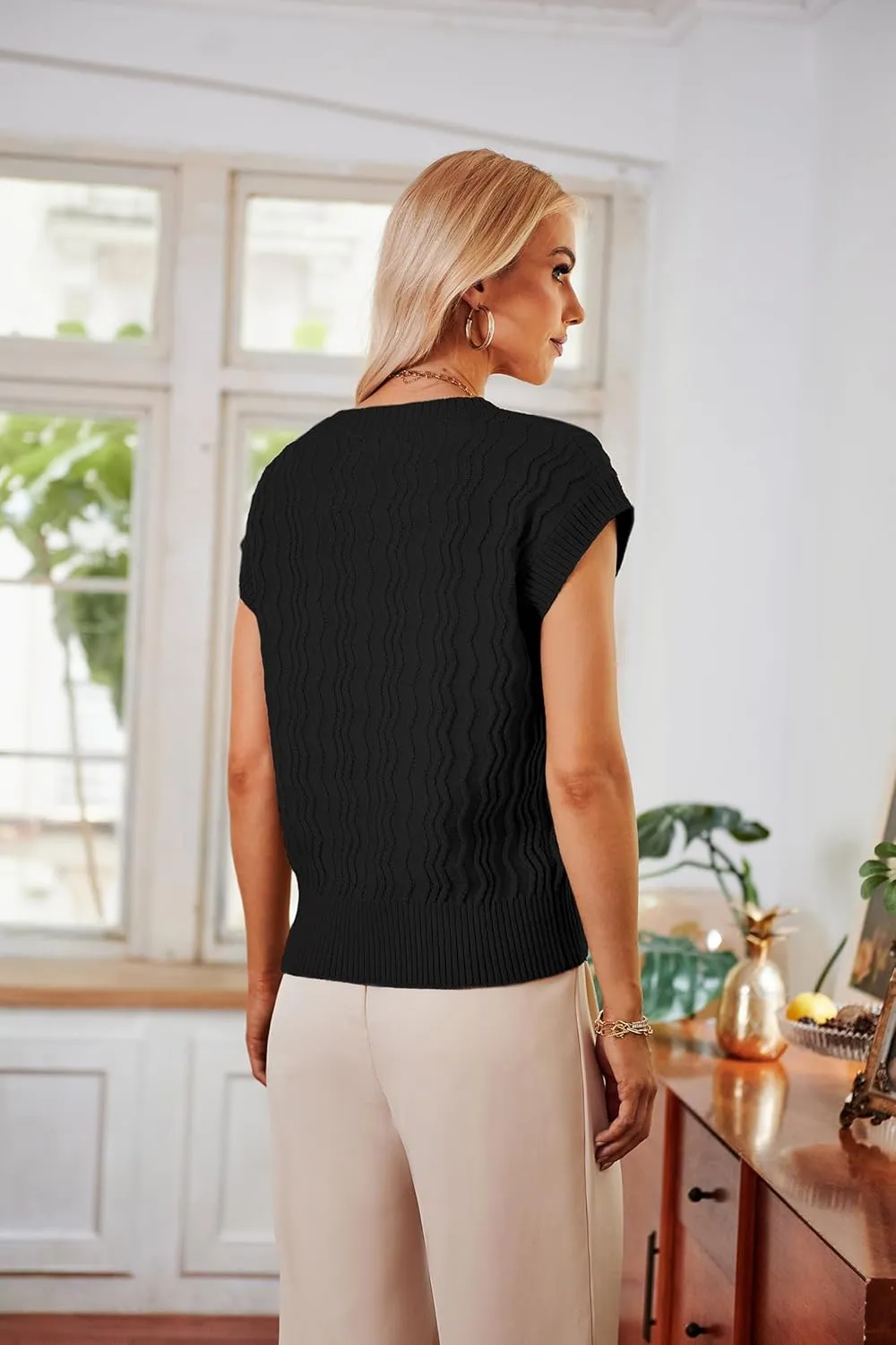 GRACE KARIN Womens V Neck Sweater Vest Ribbed Knit Casual Cap Sleeve Loose Fit Pullover Tops Fall Clothes 2024
