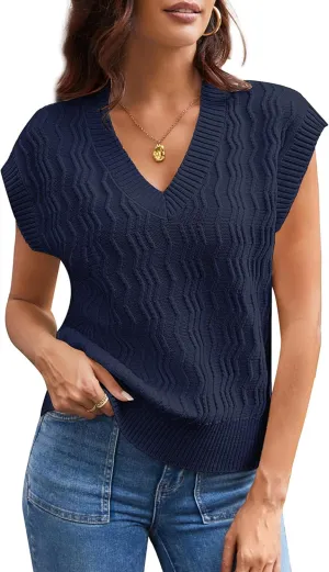 GRACE KARIN Womens V Neck Sweater Vest Ribbed Knit Casual Cap Sleeve Loose Fit Pullover Tops Fall Clothes 2024