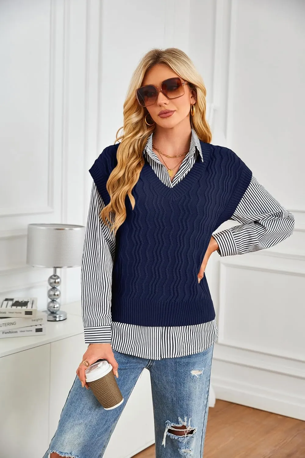 GRACE KARIN Womens V Neck Sweater Vest Ribbed Knit Casual Cap Sleeve Loose Fit Pullover Tops Fall Clothes 2024