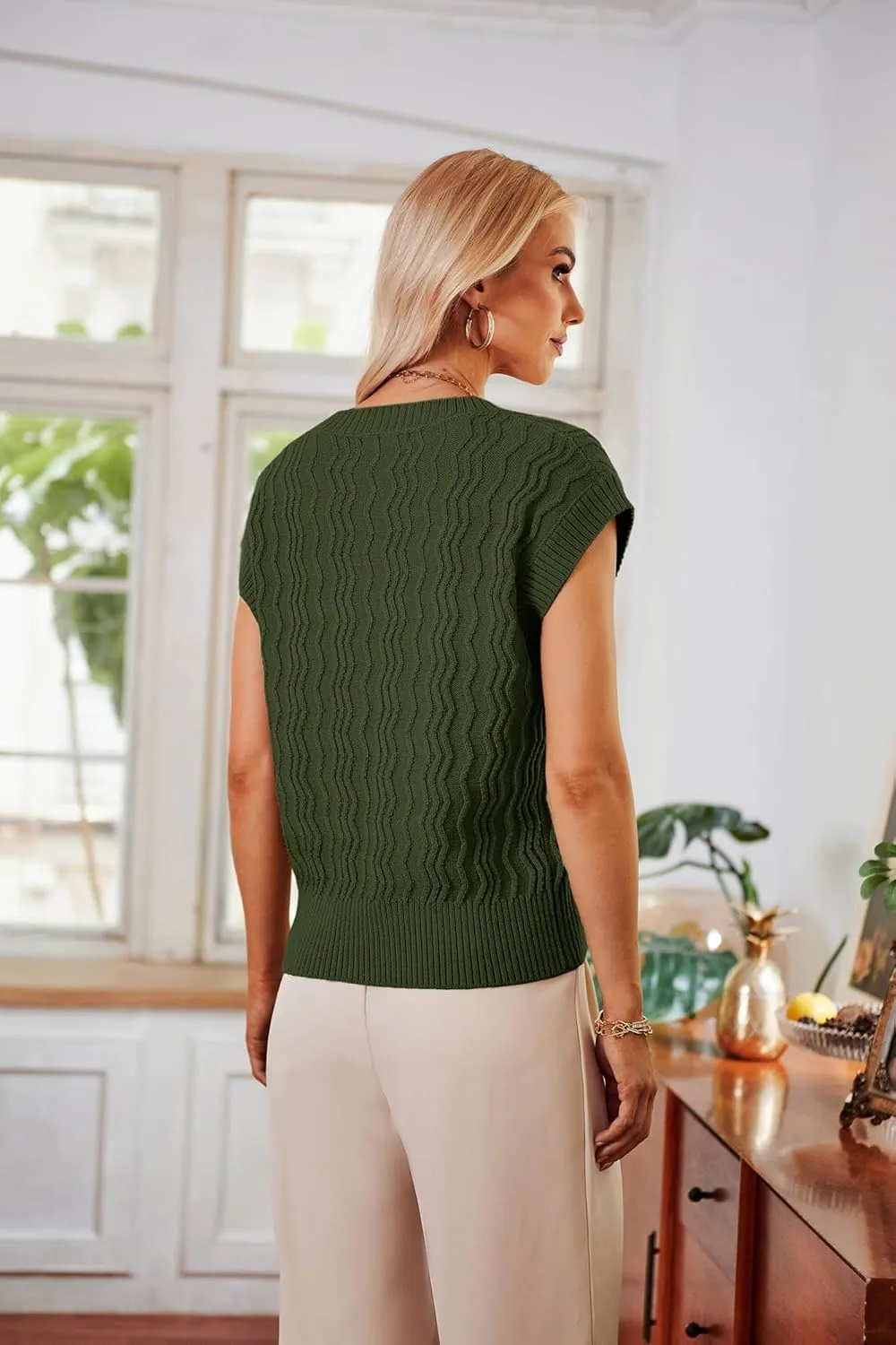 GRACE KARIN Womens V Neck Sweater Vest Ribbed Knit Casual Cap Sleeve Loose Fit Pullover Tops Fall Clothes 2024