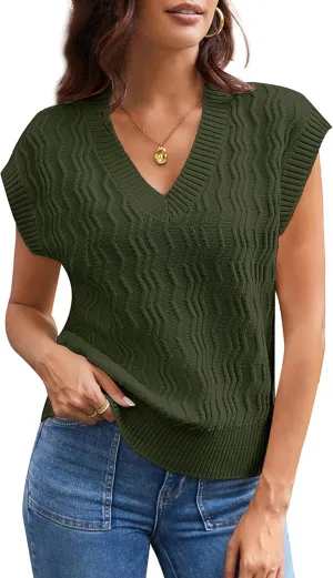 GRACE KARIN Womens V Neck Sweater Vest Ribbed Knit Casual Cap Sleeve Loose Fit Pullover Tops Fall Clothes 2024
