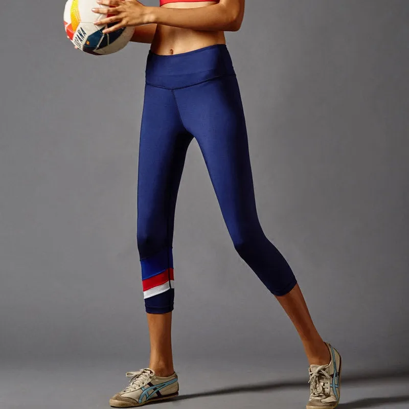 GYMNA THREE STRIPE CAPRI LEGGINGS IN NAVY
