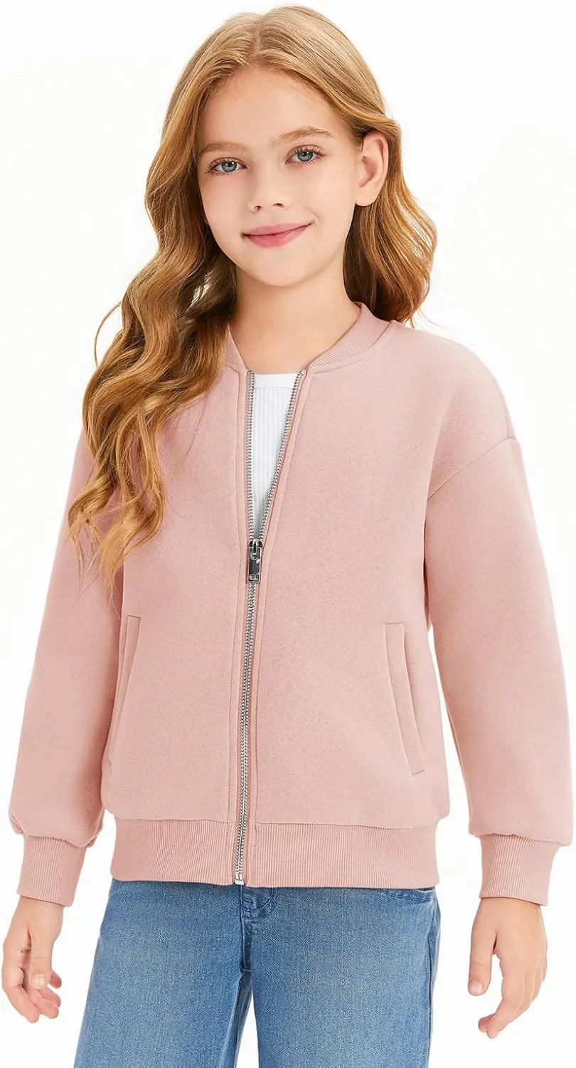 Haloumoning Girls Zip Up Jackets Kids Fall Long Sleeve Sweatshirts Outerwear with Pockets 5-14 years