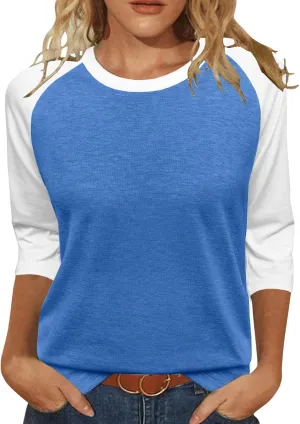 Heymiss Womens Tops 3/4 Sleeve Shirts Round Neck Loose Casual Tshirts Color Block Summer Tees
