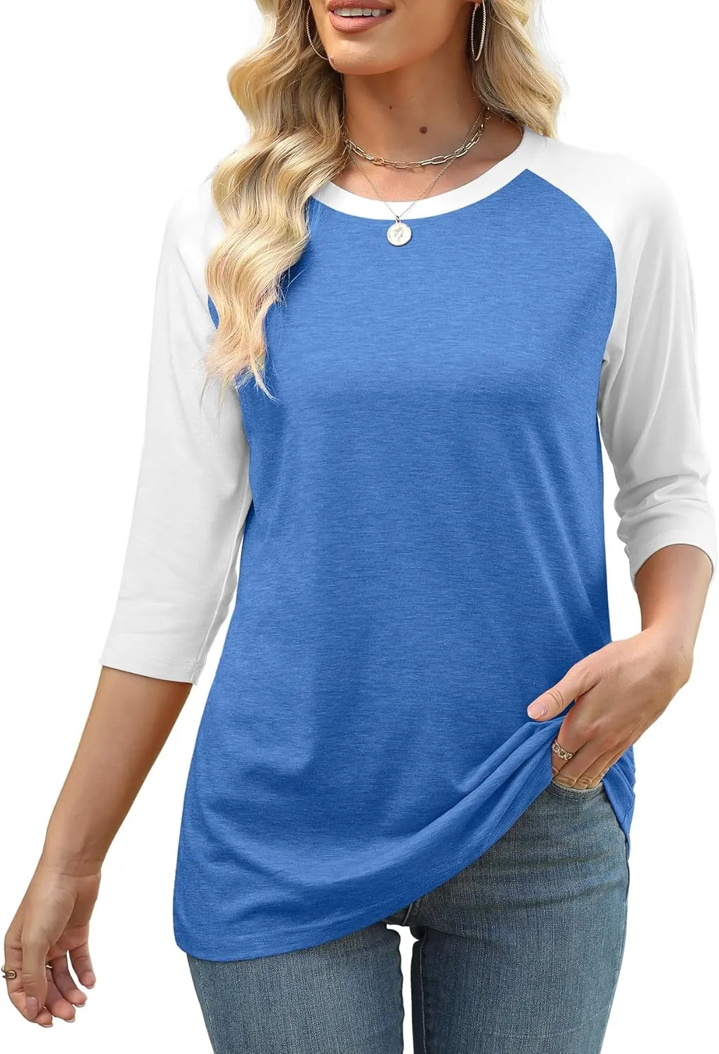 Heymiss Womens Tops 3/4 Sleeve Shirts Round Neck Loose Casual Tshirts Color Block Summer Tees