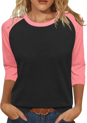 Heymiss Womens Tops 3/4 Sleeve Shirts Round Neck Loose Casual Tshirts Color Block Summer Tees