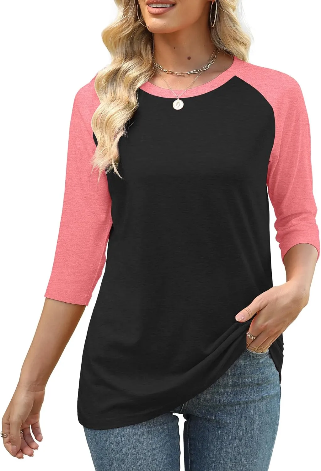 Heymiss Womens Tops 3/4 Sleeve Shirts Round Neck Loose Casual Tshirts Color Block Summer Tees