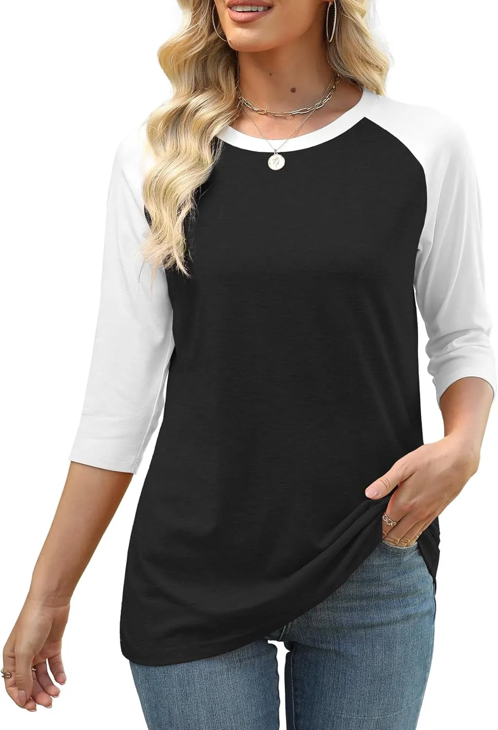 Heymiss Womens Tops 3/4 Sleeve Shirts Round Neck Loose Casual Tshirts Color Block Summer Tees