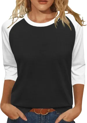 Heymiss Womens Tops 3/4 Sleeve Shirts Round Neck Loose Casual Tshirts Color Block Summer Tees