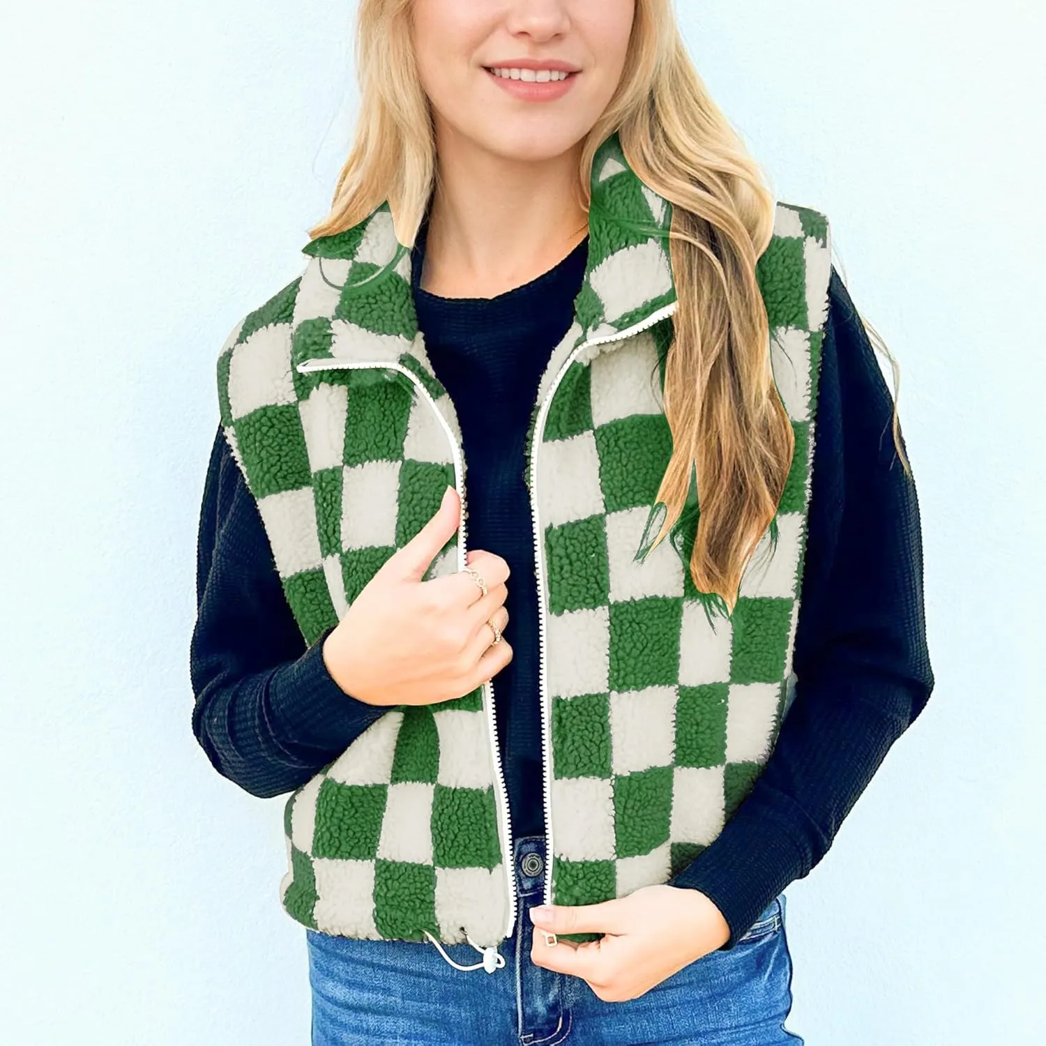 Hixiaohe Womens Checkered Cropped Sherpa Fleece Vest High Collared Sleeveless Jacket Zip Up Vests Casual Warm Outwear Gilet