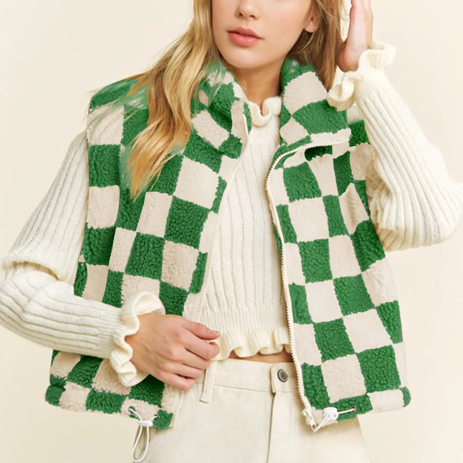 Hixiaohe Womens Checkered Cropped Sherpa Fleece Vest High Collared Sleeveless Jacket Zip Up Vests Casual Warm Outwear Gilet