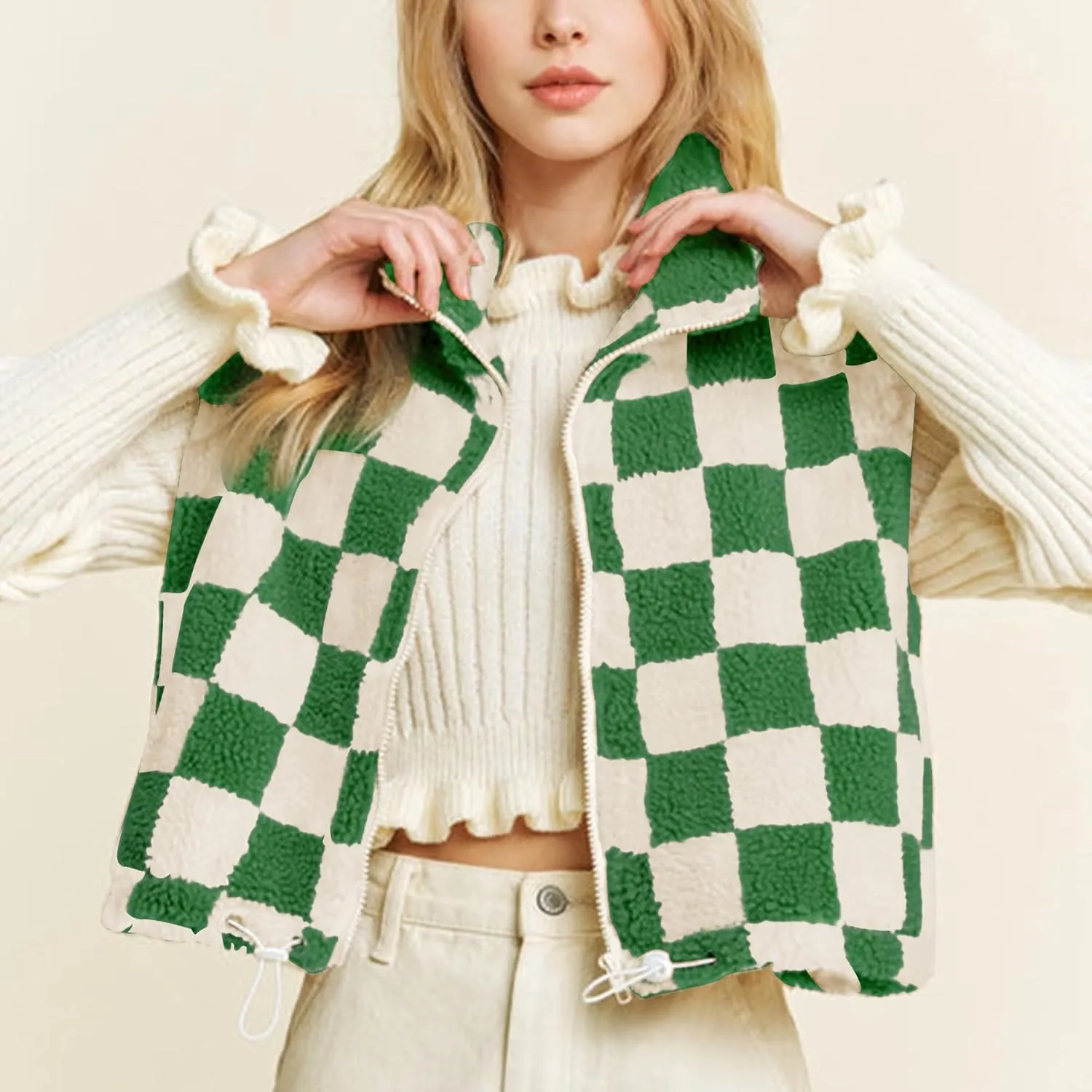 Hixiaohe Womens Checkered Cropped Sherpa Fleece Vest High Collared Sleeveless Jacket Zip Up Vests Casual Warm Outwear Gilet