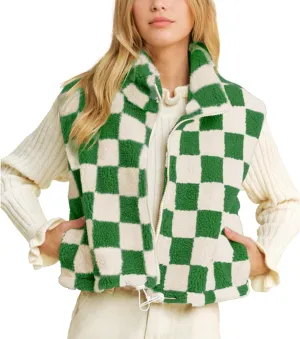 Hixiaohe Womens Checkered Cropped Sherpa Fleece Vest High Collared Sleeveless Jacket Zip Up Vests Casual Warm Outwear Gilet