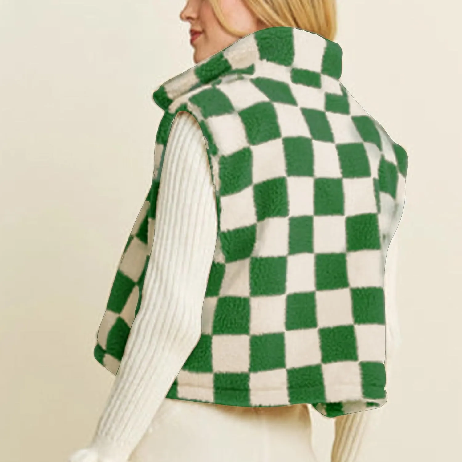 Hixiaohe Womens Checkered Cropped Sherpa Fleece Vest High Collared Sleeveless Jacket Zip Up Vests Casual Warm Outwear Gilet