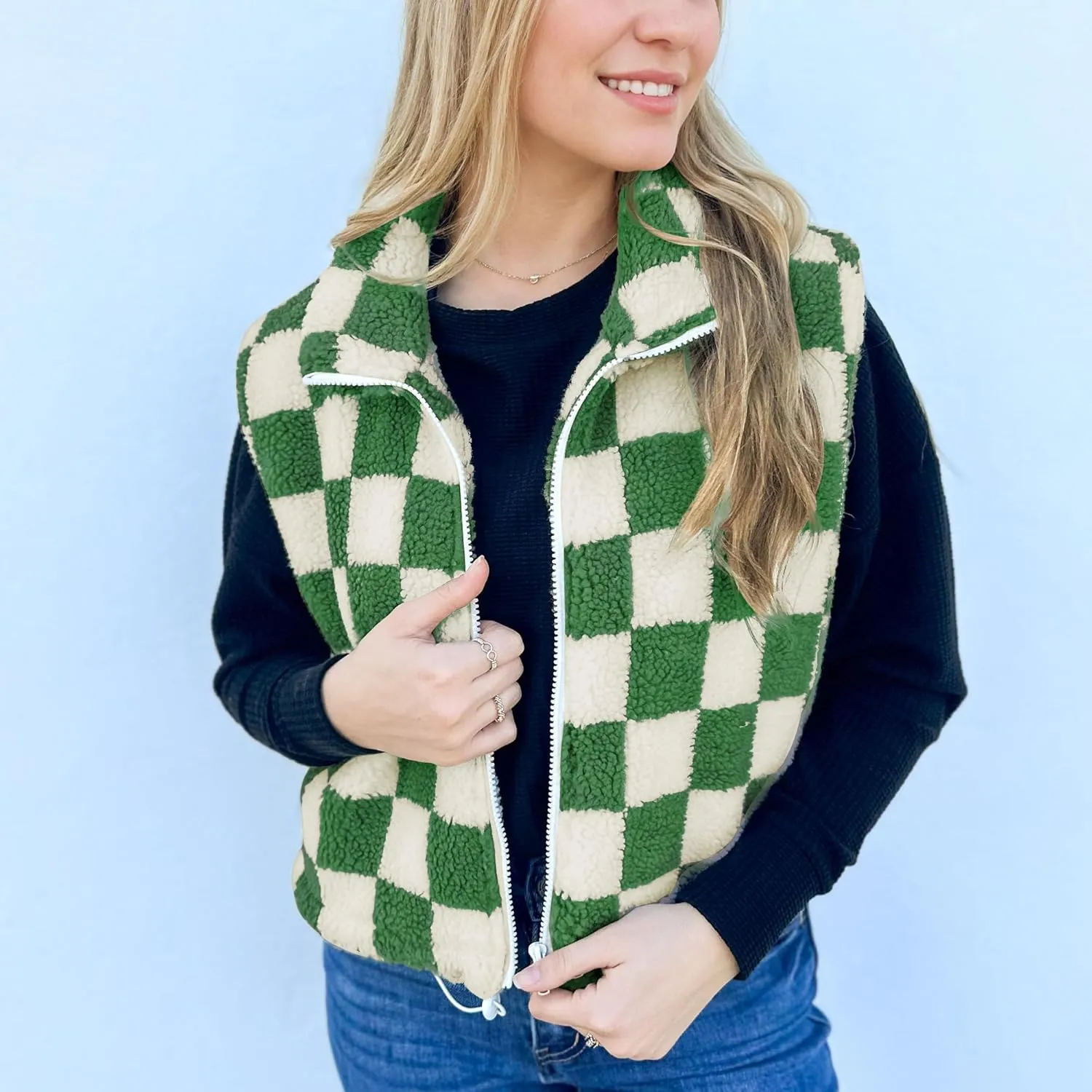 Hixiaohe Womens Checkered Cropped Sherpa Fleece Vest High Collared Sleeveless Jacket Zip Up Vests Casual Warm Outwear Gilet