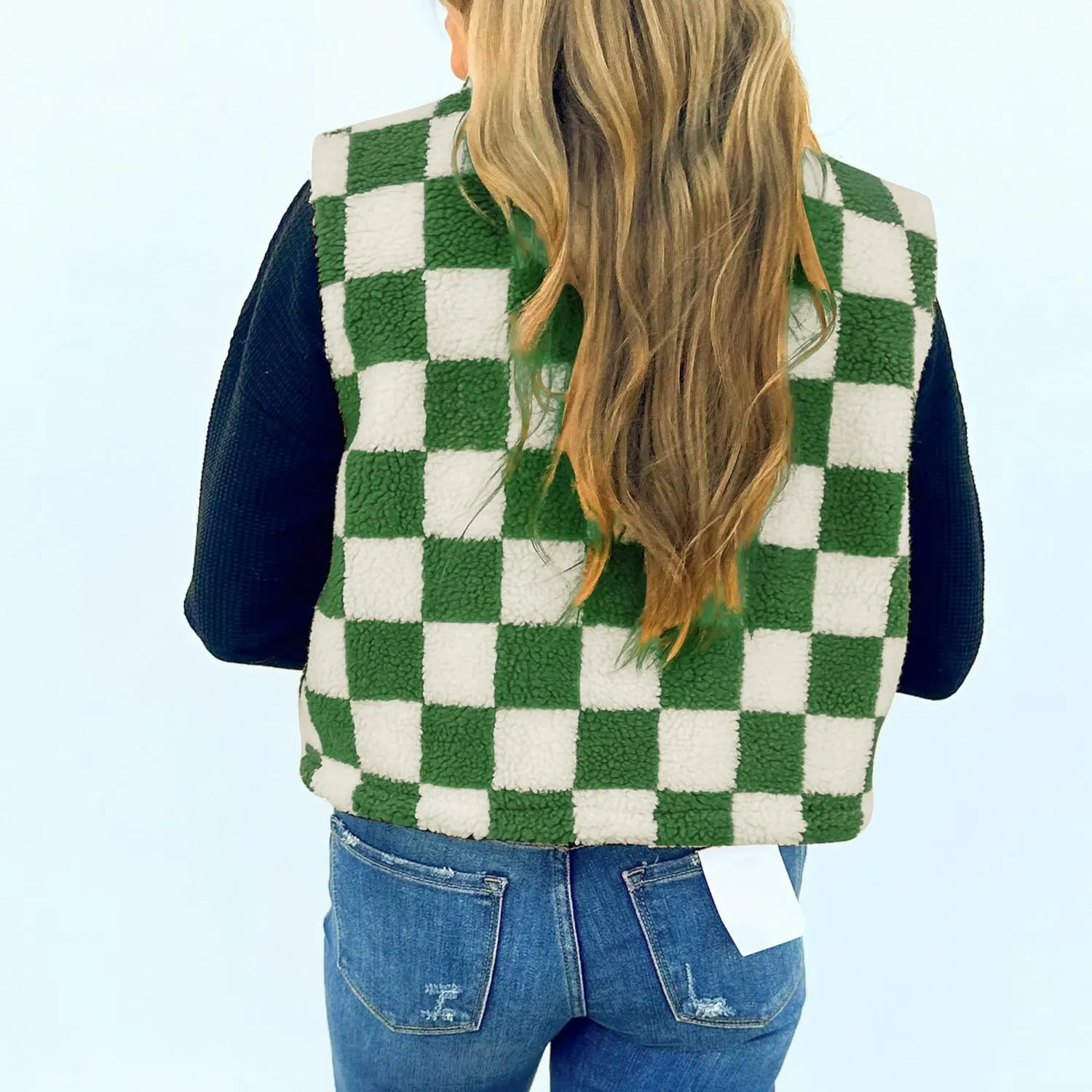 Hixiaohe Womens Checkered Cropped Sherpa Fleece Vest High Collared Sleeveless Jacket Zip Up Vests Casual Warm Outwear Gilet