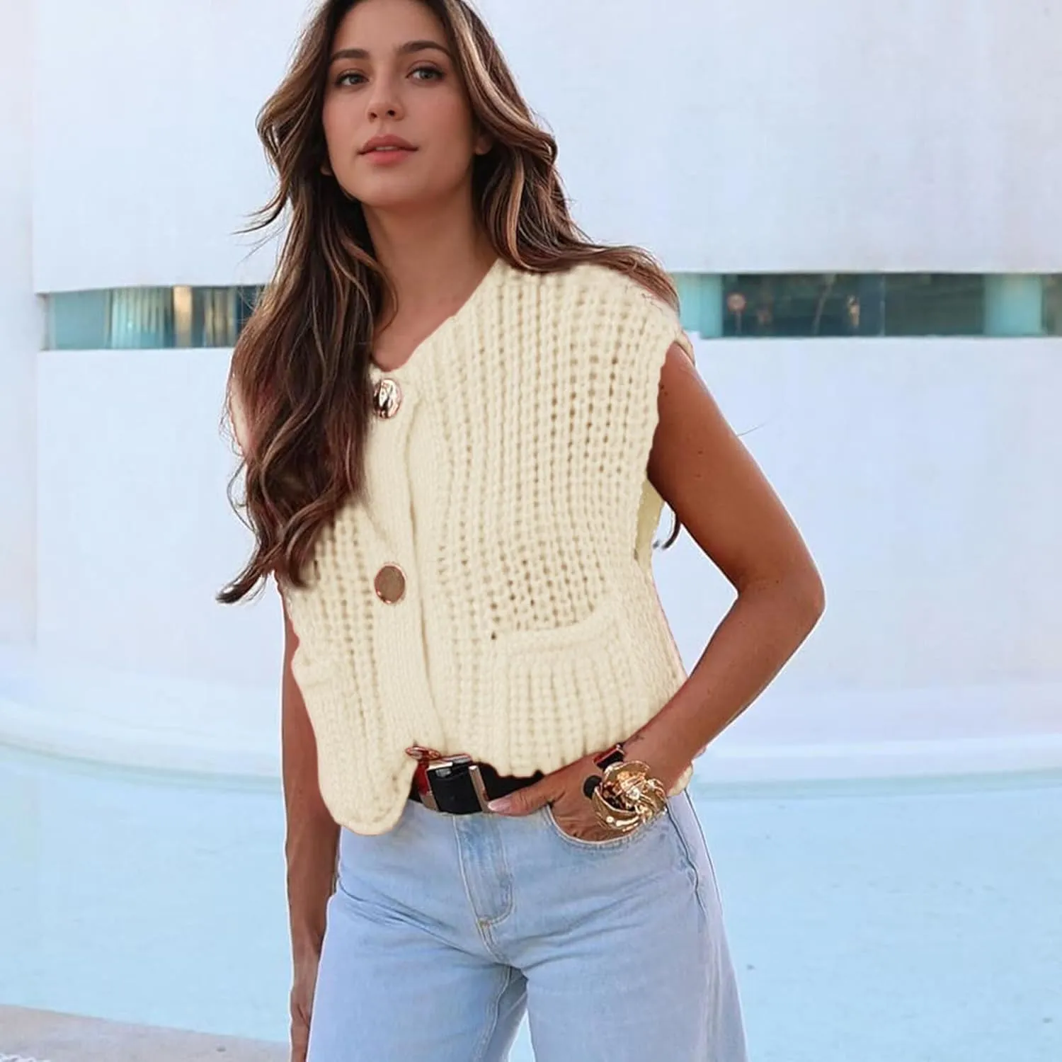 Hixiaohe Womens Crochet Chunky Knit Top Sleeveless Button Down Crop Tops Trendy Cardigan Sweater Vest for Women with Pockets