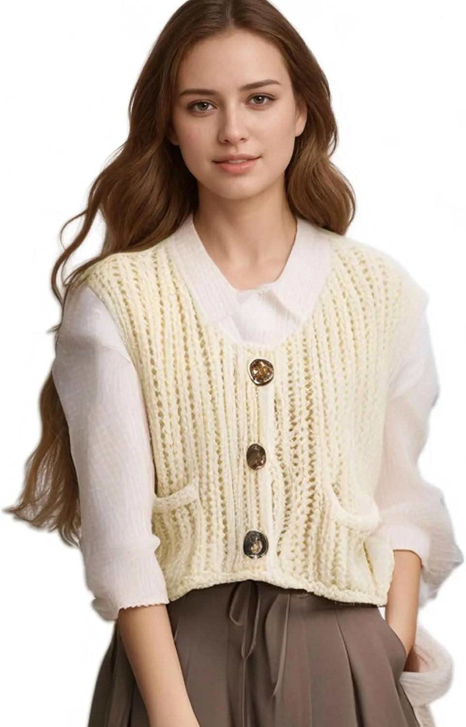 Hixiaohe Womens Crochet Chunky Knit Top Sleeveless Button Down Crop Tops Trendy Cardigan Sweater Vest for Women with Pockets