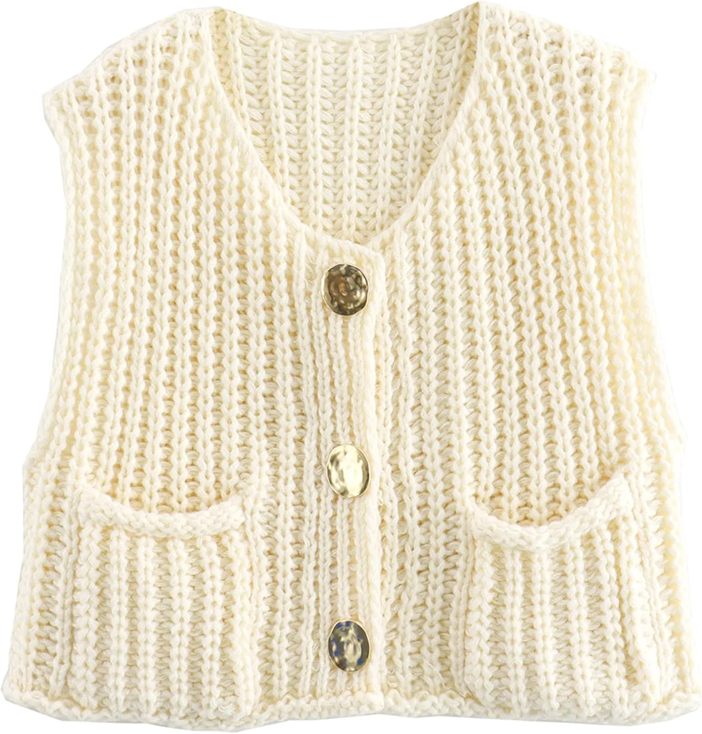 Hixiaohe Womens Crochet Chunky Knit Top Sleeveless Button Down Crop Tops Trendy Cardigan Sweater Vest for Women with Pockets