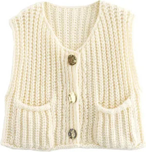 Hixiaohe Womens Crochet Chunky Knit Top Sleeveless Button Down Crop Tops Trendy Cardigan Sweater Vest for Women with Pockets