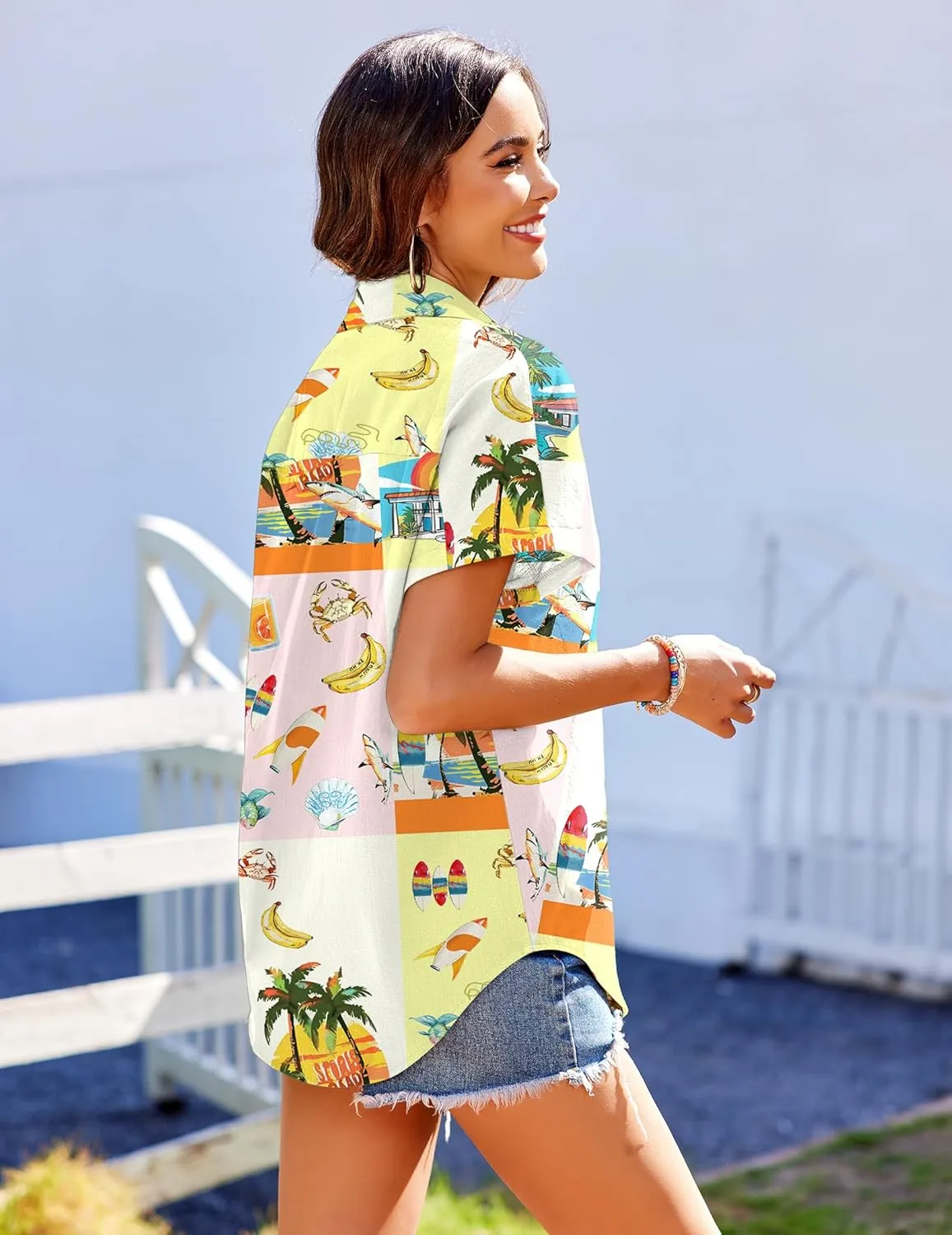 HOTOUCH Hawaiian Shirts for Women Summer Cool Hawaii Floral Tropic Print Blouses Beach Short Sleeve Button Up Tops