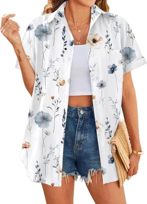HOTOUCH Hawaiian Shirts for Women Summer Cool Hawaii Floral Tropic Print Blouses Beach Short Sleeve Button Up Tops