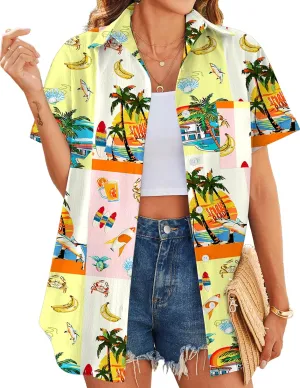 HOTOUCH Hawaiian Shirts for Women Summer Cool Hawaii Floral Tropic Print Blouses Beach Short Sleeve Button Up Tops