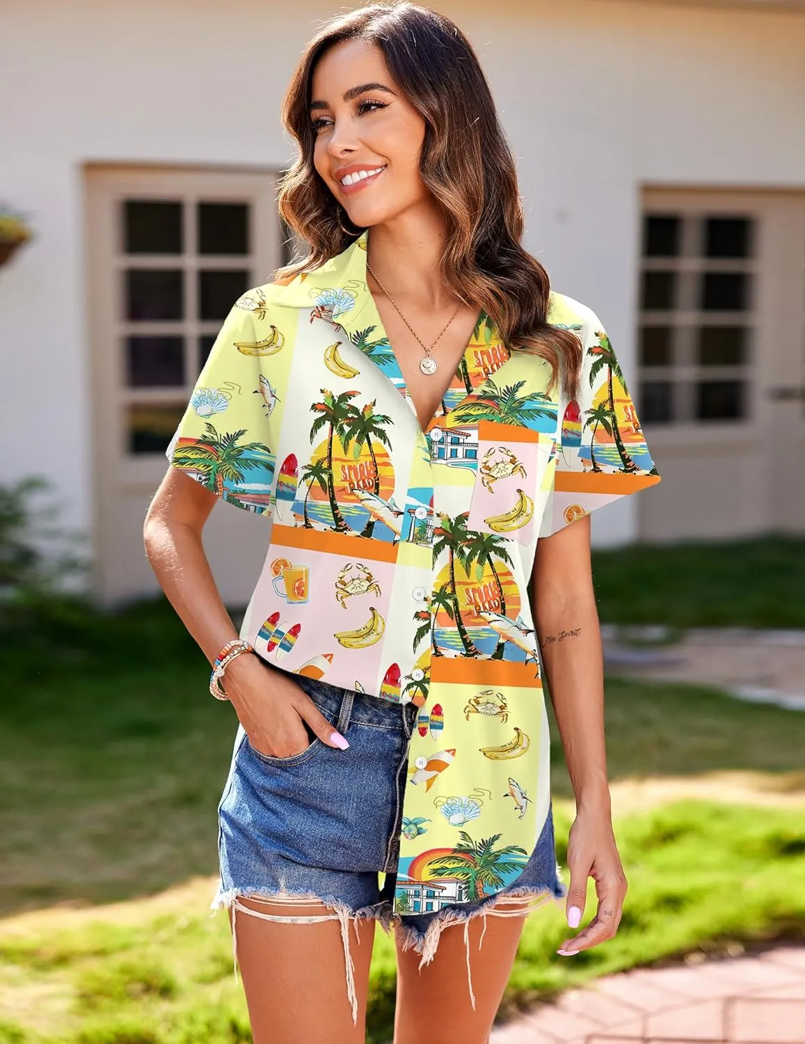 HOTOUCH Hawaiian Shirts for Women Summer Cool Hawaii Floral Tropic Print Blouses Beach Short Sleeve Button Up Tops