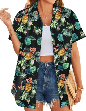 HOTOUCH Hawaiian Shirts for Women Summer Cool Hawaii Floral Tropic Print Blouses Beach Short Sleeve Button Up Tops