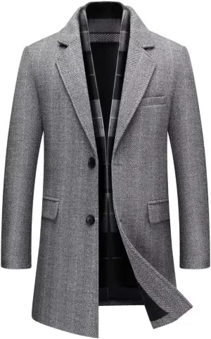 INVACHI Men's Casual Trench Coat with Detachable Scarfs Notched Collar Single Breasted Overcoat