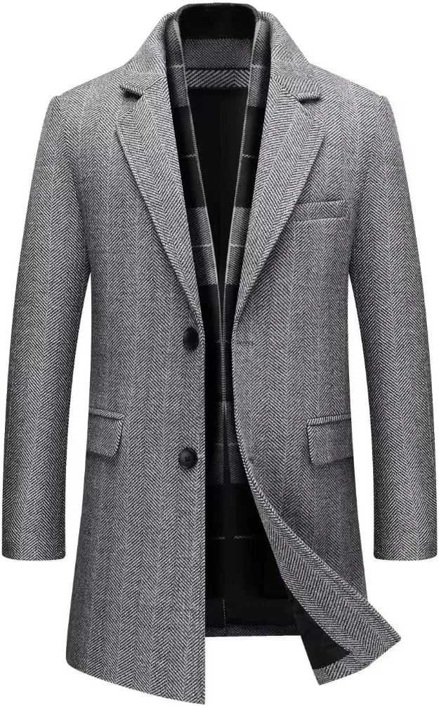 INVACHI Men's Casual Trench Coat with Detachable Scarfs Notched Collar Single Breasted Overcoat