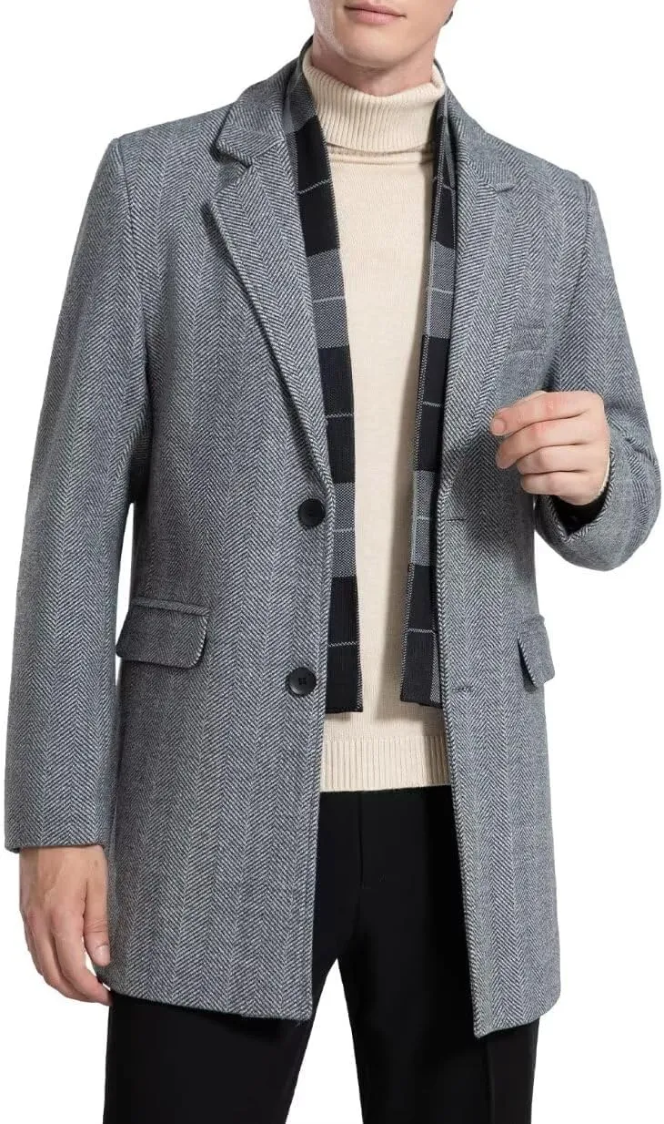 INVACHI Men's Casual Trench Coat with Detachable Scarfs Notched Collar Single Breasted Overcoat