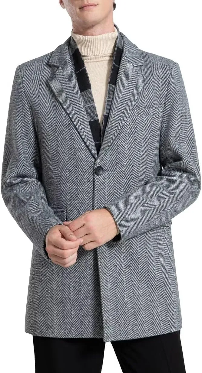 INVACHI Men's Casual Trench Coat with Detachable Scarfs Notched Collar Single Breasted Overcoat