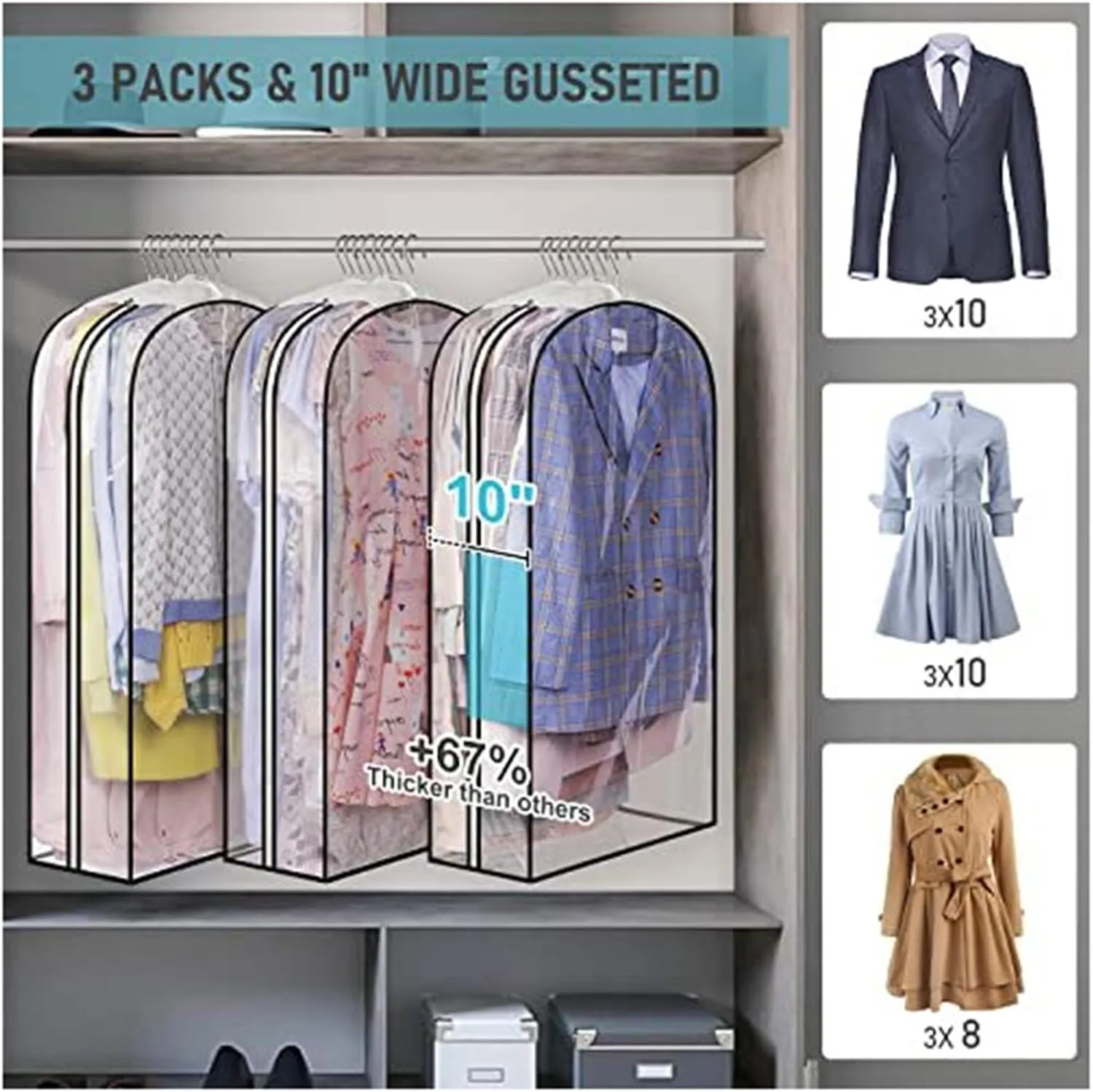 IRYZE Garment Bag for Travel, 10"" Gusseted Clear Garment Bags Long Garment Bag For Hanging Clothes, 3 Packs Suit Luggage Bag (Size : 60 * 102 * 25.5cm)