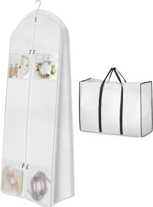 IRYZE Garment Bag for Travel, 2pcs 70"" Wedding Dress Garment Bag With Tote Bag 8'' Gusseted Dress Bags 4 Pockets Suit Luggage Bag, 58.4*20.3*177.8cm, White