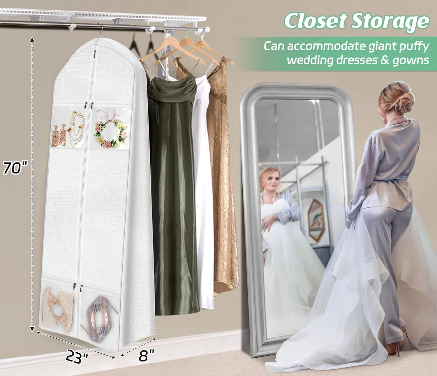 IRYZE Garment Bag for Travel, 2pcs 70"" Wedding Dress Garment Bag With Tote Bag 8'' Gusseted Dress Bags 4 Pockets Suit Luggage Bag, 58.4*20.3*177.8cm, White