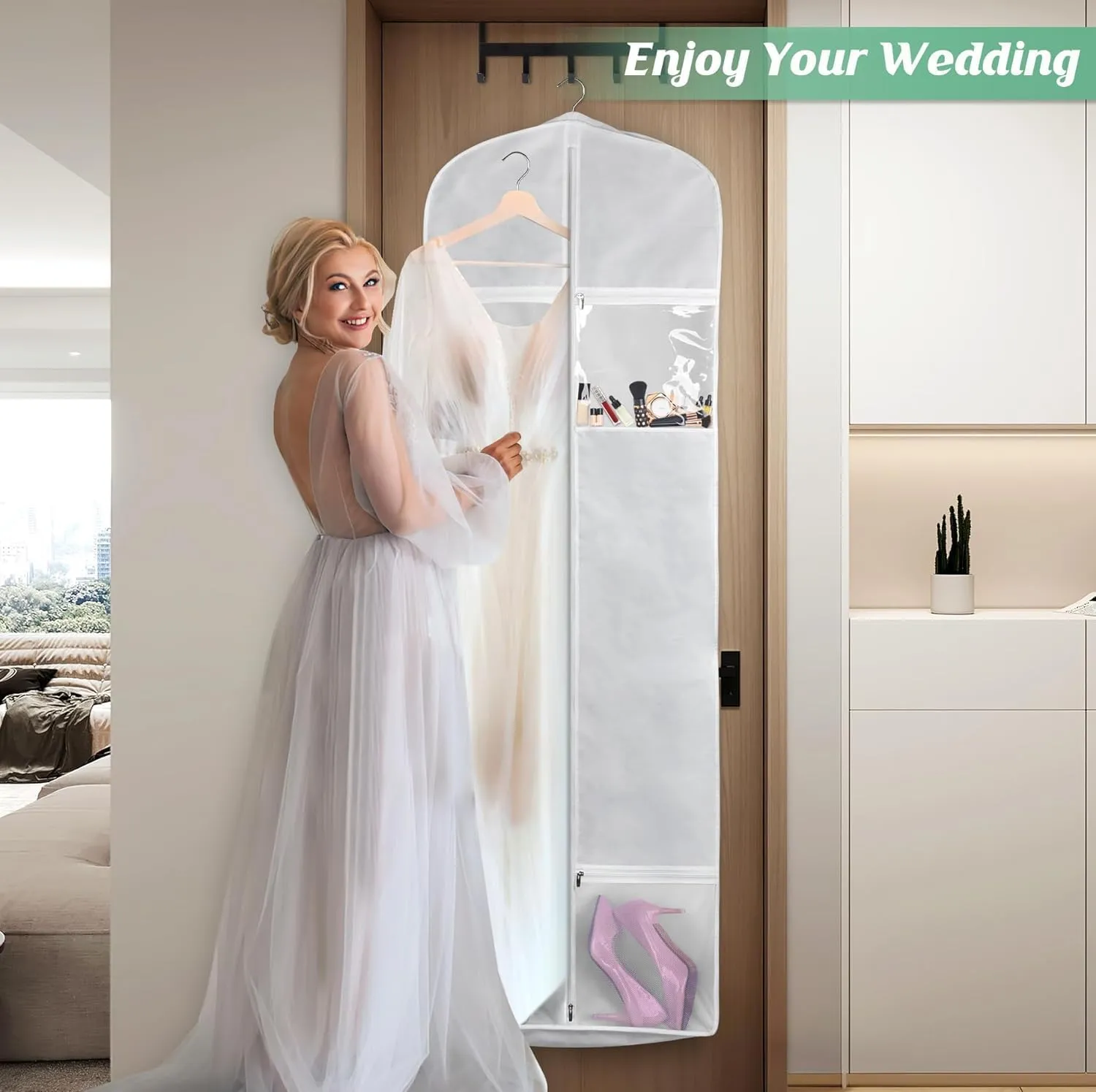 IRYZE Garment Bag for Travel, 2pcs 70"" Wedding Dress Garment Bag With Tote Bag 8'' Gusseted Dress Bags 4 Pockets Suit Luggage Bag, 58.4*20.3*177.8cm, White